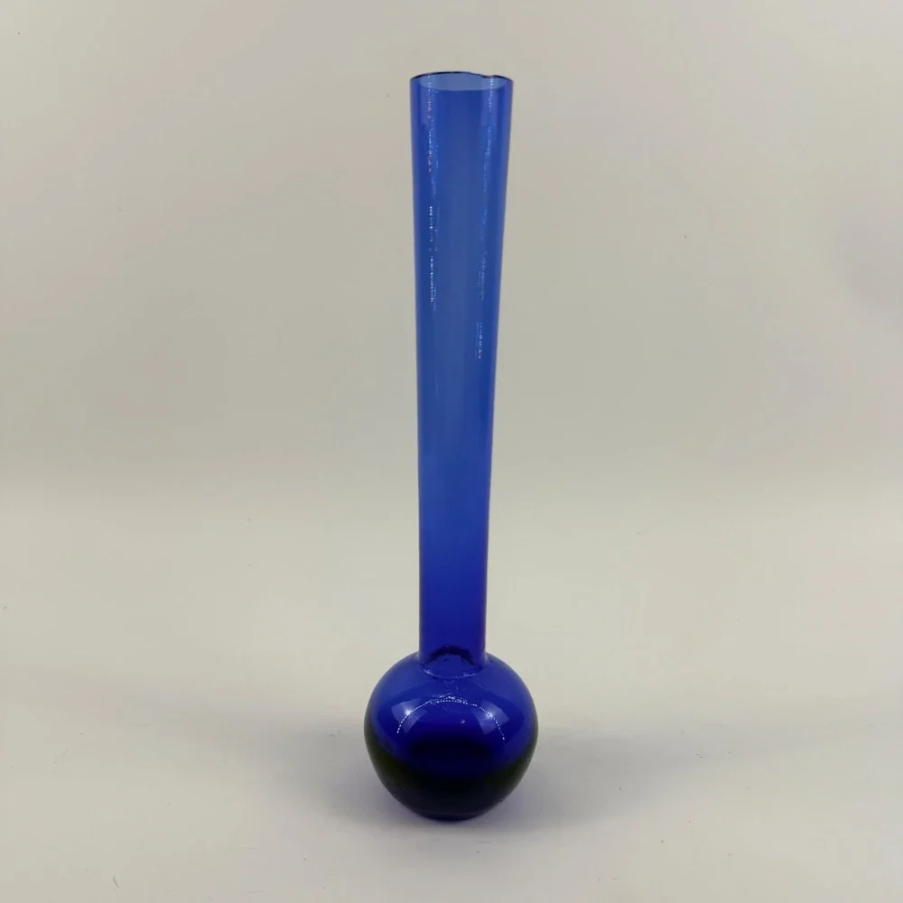 Vintage Hand Blown Cobalt Blue Art Glass Bud Vase Orb Ball Base Studio Glass